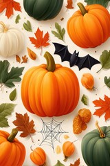 Obraz premium Autumn pumpkins and bats with fall leaves and spider web for Halloween harvest design