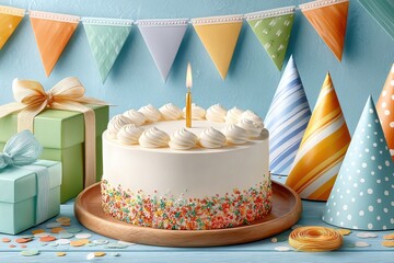 Obraz premium Festive birthday cake with single lit candle on wooden platter surrounded by gifts and party hats