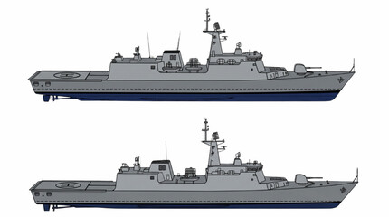 Fototapeta premium Offshore Patrol Vessel CAD Vector, Side Profile Technical Line Art Naval Ship