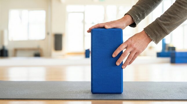 Hands of a person placing a blue foam yoga block upright on a grey exercise mat in a bright fitness studio or gym