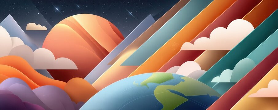 Futuristic abstract space landscape with Earth, colorful horizon and stylized clouds for avatars