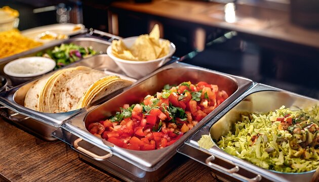 self serve taco bar with fresh toppings like diced tomatoes onions cheese and lettuce ready to assemble a make your own taco or burrito bar