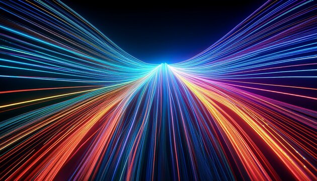 vibrant neon fiber optic cables move rapidly creating abstract patterns with multicolored lights against a dark backdrop showcasing an electrifying visual effect