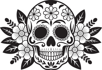 Fototapeta premium Mexican sugar skull with flowers and leaves silhouette vector illustration for day of dead festival.