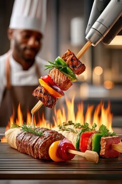 Robot chef grilling skewers of meat and vegetables over flames in a professional kitchen