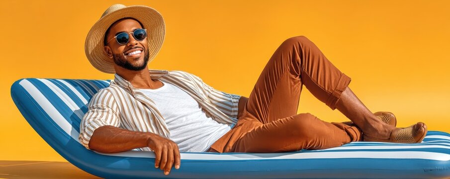 Smiling man in straw hat and sunglasses reclining on inflatable lounger against bright yellow background