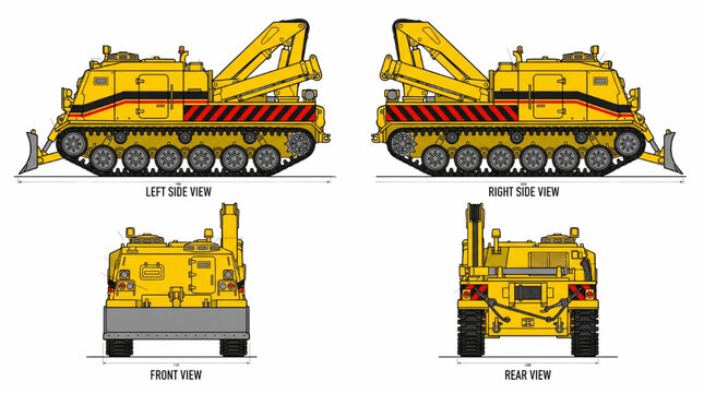 Armored Recovery Vehicle CAD Vector Blueprint, Tracked Multi View Technical Line Art