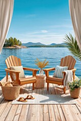 Fototapeta premium Relaxing lakeside retreat with two Adirondack chairs on a wooden dock facing calm water and islands