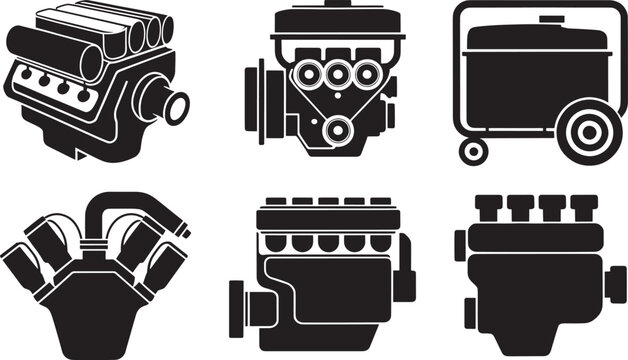 Set of car engine icons motor parts generator isolated on transparent checkered background.