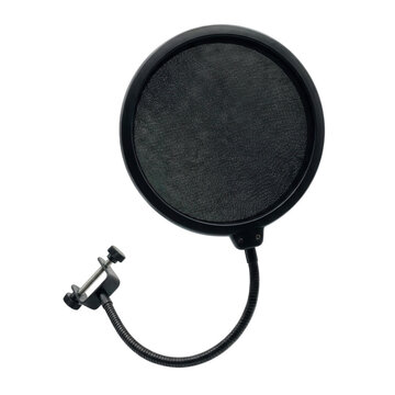 Black microphone pop filter with clamp isolated on transparent background