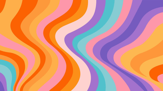 Abstract wavy background with flowing curves in orange, yellow, pink, purple, and blue. Retro psychedelic style, perfect for covers, wrapping paper, posters, packaging, and digital design projects.