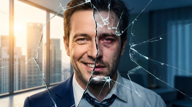Businessman seen through cracked glass, Corporate portrait with broken reflection, Risk crisis and pressure concept in modern office