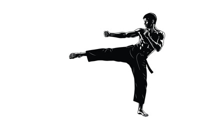 Obraz premium Striking black and white vector illustration of a martial artist performing a powerful side kick in mid-action pose