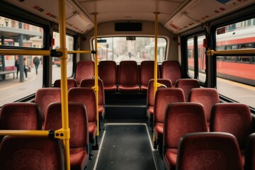 Fototapeta premium Empty city bus interior with rows of red seats and yellow poles. Passengers wait at urban station through windows. Clean vehicle for daily commute. Modern public transport for city travel.