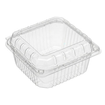 Clear plastic clamshell container with lid isolated on transparent background