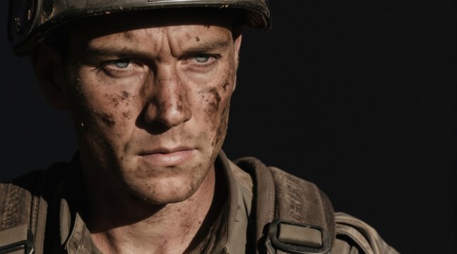 Close up portrait of a dirty soldier in a helmet looking intensely. Face smeared with mud, intense blue eyes, military uniform. Serious man, war veteran, conflict survivor.