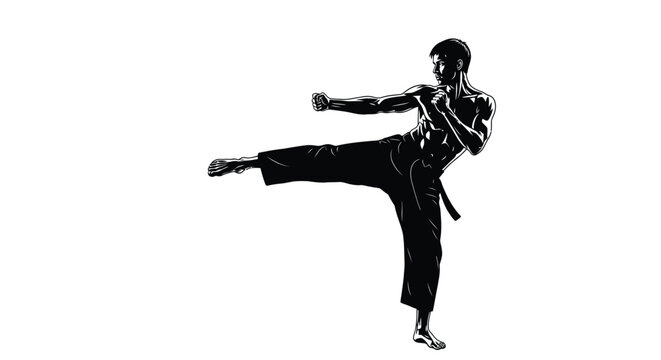 Striking black and white vector illustration of a martial artist performing a powerful side kick in mid-action pose