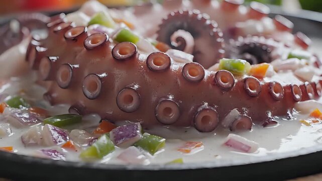 Delicious Octopus Ceviche with Fresh Vegetables and Creamy Sauce.