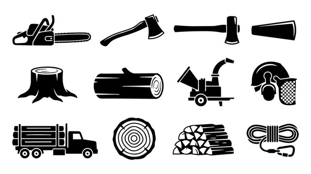 Forestry Equipment and Logging Tools Icon Set &ndash; Chainsaw, Axe and Wood Industry Silhouettes
