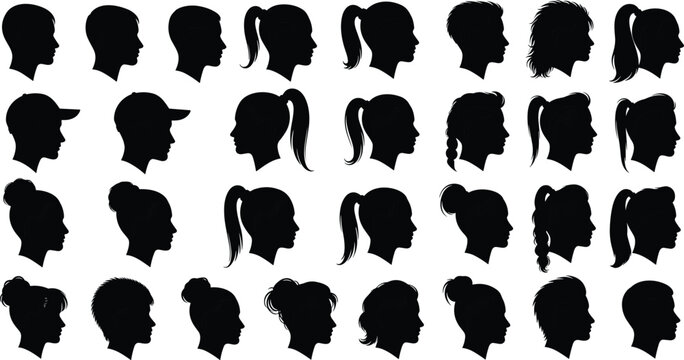 Large collection of black head silhouettes featuring various male and female hairstyles and profile views isolated on white background