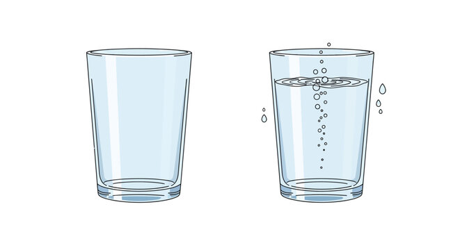 Two drinking glasses shown side by side one empty and one full of bubbly water