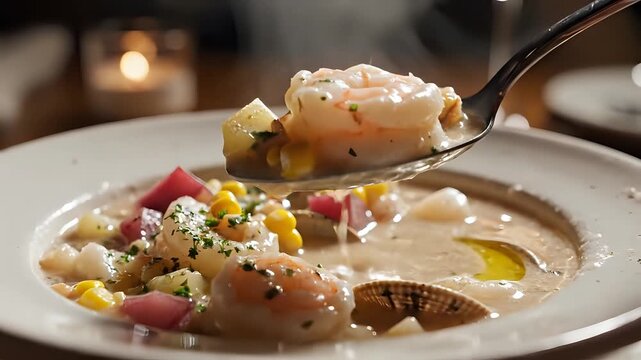 Delicious Seafood Chowder with Shrimp and Corn Served in a Bowl.