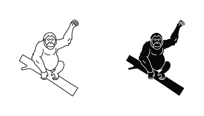 Stylized outline and solid black silhouette of an orangutan hanging from a branch symbolizing wildlife and primates © TARU