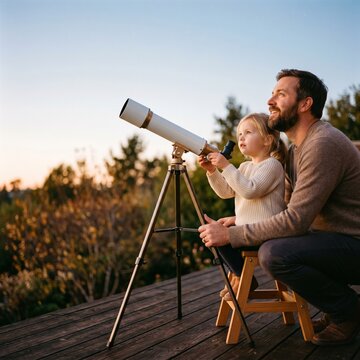 Happy father teaching his young daughter how to use a telescope for stargazing on a backyard deck during sunset