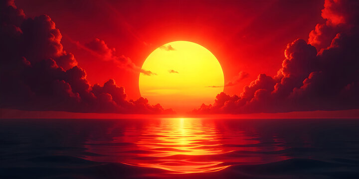 Dramatic Red Sunset Over Ocean with Giant Sun Reflection, Vibrant Sky and Clouds, Abstract Seascape Illustration, Intense Warm Colors, Peaceful Horizon Scene Background for Design