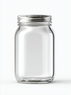 Empty Glass Mason Jar with Silver Metal Screw Lid Isolated on White Background, High Quality 3D Render of Clear Transparent Kitchen Container for Food Storage Branding Mockup and Product Packaging