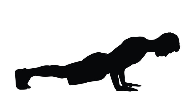Athletic man performing a push up exercise illustrated in a clean vector graphic design style
