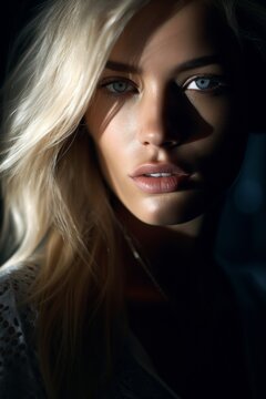 Beautiful woman with blonde hair and striking blue eyes illuminated by soft light in a dramatic portrait
