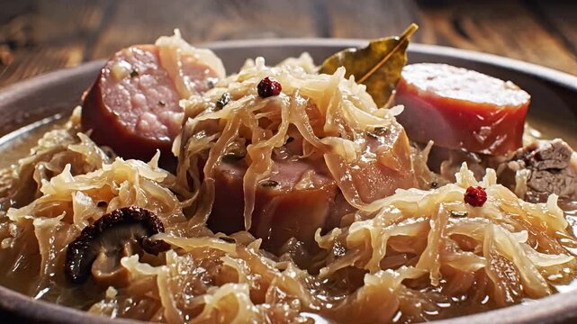 Hearty German Sausage and Sauerkraut Stew with Bay Leaves and Peppercorns.