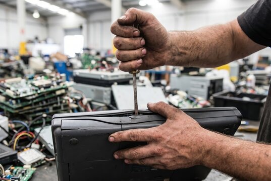 Technician hands using a screwdriver to pry open a broken plastic casing of an old laptop in an electronics repair workshop