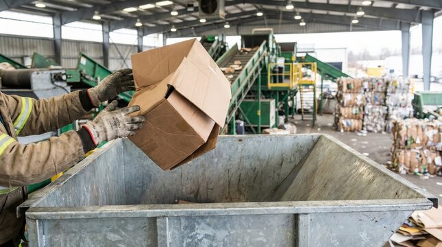 Recycling facility worker hands wearing gloves tossing a folded brown cardboard box into a large metal bin near a conveyor belt