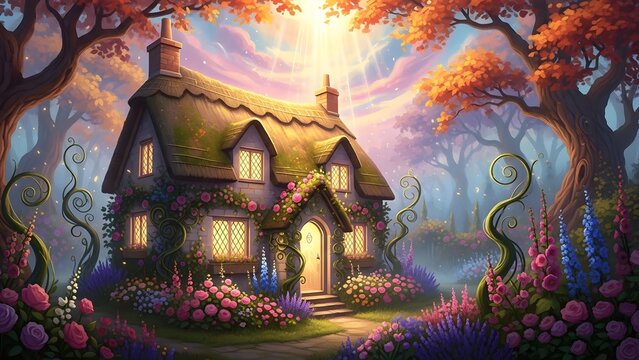 Enchanted Cottage Surrounded by Vibrant Wildflowers in a Magical Glowing Forest Sanctuary at Golden Hour