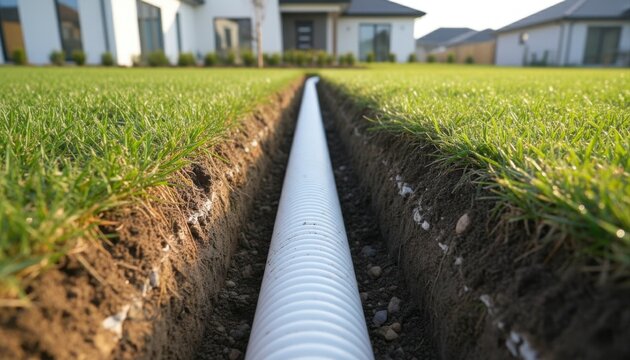 A white corrugated drain pipe is installed in a newly dug trench in a lush green lawn, with modern houses in the blurred background under natural light.