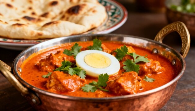 A richly colored a vibrant Indian butter chicken dish, garnished with fresh cilantro and a boiled egg, accompanied by fluffy naan bread in the background