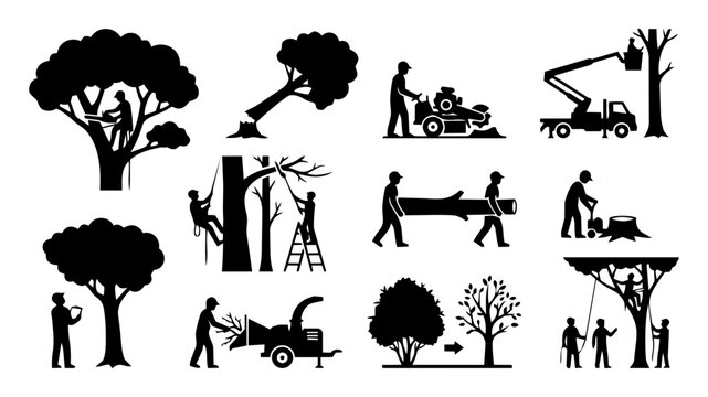Tree Care and Arborist Icon Set &ndash; Tree Surgery, Pruning and Forestry Service Silhouettes