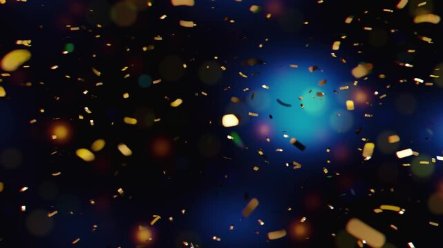 A festive 4k seamless loop featuring shimmering metallic confetti falling through a space with soft glowing light sources and deep depth of field bokeh effects