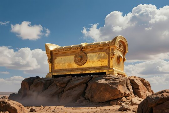 Golden Ark covenant rests on rocky desert outcrop under blue sky. Ancient holy religious relic symbolizes Judaism faith and divine law. Biblical treasure chest has ornate golden decoration.