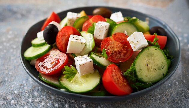 fresh greek salad with tomatoes cucumber and feta cheese close up