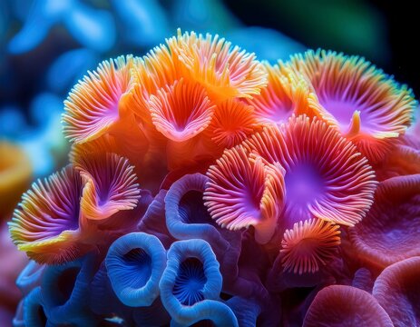 a close up view of vibrant coral polyps with a variety of colors and textures