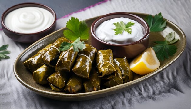 stuffed grape leaves dolma with yogurt and pickled onions n traditional mediterranean dish