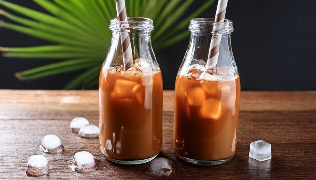 indonesian teh botol in glass bottle with ice and straw