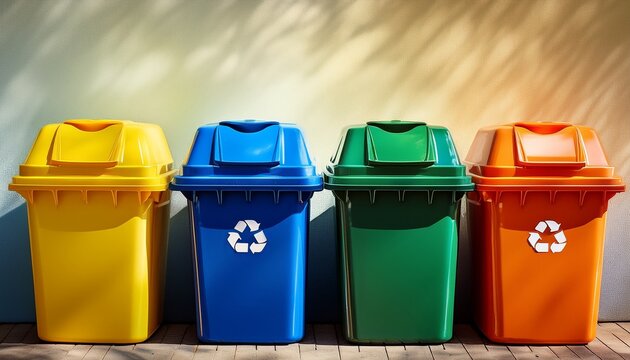 vibrant recycling bins with lids in blue green orange and yellow