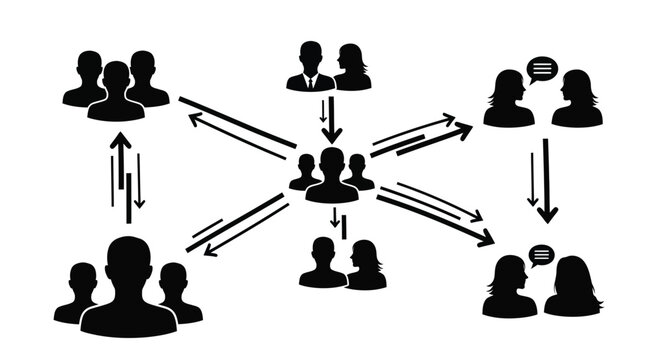 Black vector illustration showing complex social networking and communication flow between many different human groups