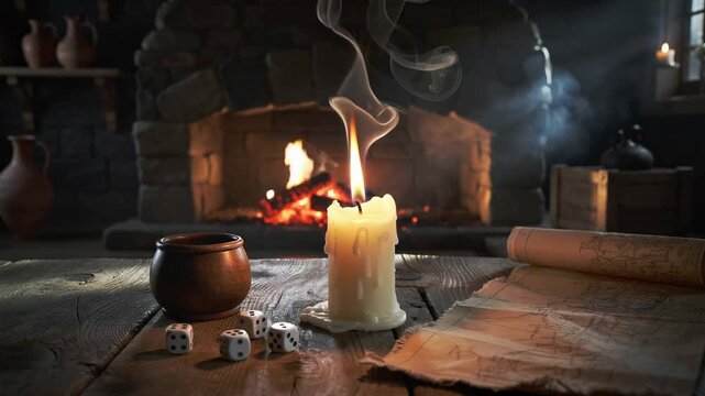 A melting candle with a long flame and rising smoke sits on a rustic wooden table alongside dice, a small bowl, and a map. A warm fireplace glows in the background of a medieval tavern setting.
