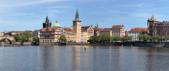 Fototapeta premium Panoramic view of Prague Old Town with Vltava river and historic bridges, Czech Republic