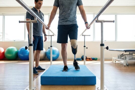 Man with prosthetic leg learning to walk with help of physiotherapist in clinic. Rehabilitation exercise on balance foam pad with parallel bars. Recovery and medical therapy.